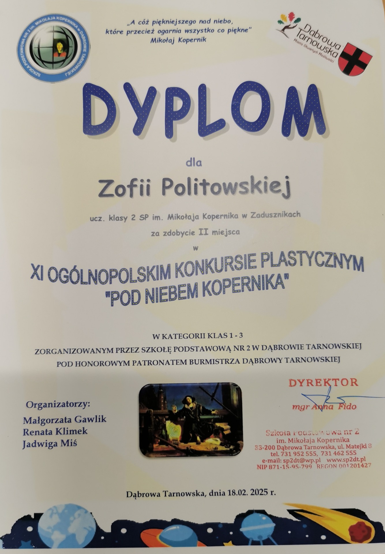 Dyplom za zajęcie 2 miejsca Zofia Politowska