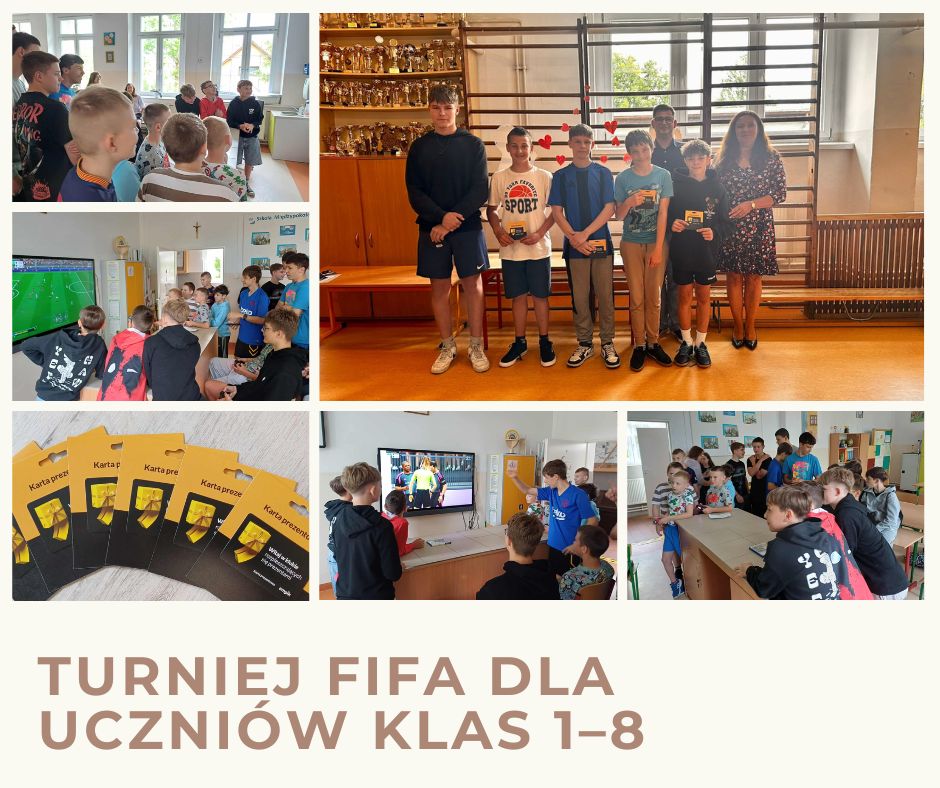 Kolaż zdjęciowy przedstawiający uczniów podczas rozgrywek w Fifę i podczas wręczania nagród.