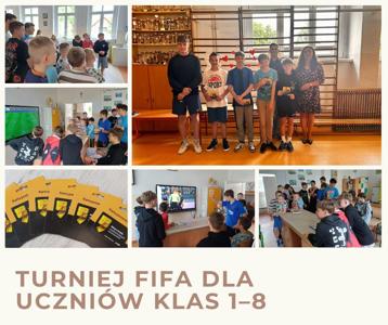 Kolaż zdjęciowy przedstawiający uczniów podczas rozgrywek w Fifę i podczas wręczania nagród. 