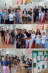 Kolaż zdjęć przedstawiający wybory do Samorządu Uczniowskiego. 