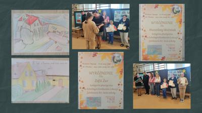 Kolaż zdjęć przedstawia prace plastyczne uczestników konkursu, dyplomy i wręczenie nagród. 
