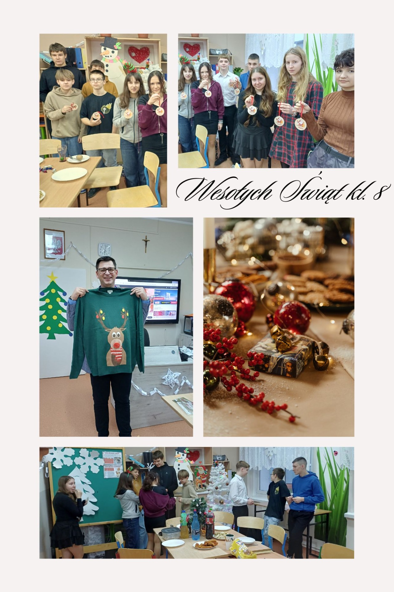Kolaż zdjęć przedstawiający dzieci z wychowawcą podczas wigilii klasowej. 